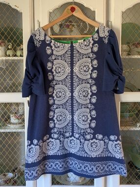 Anthropologie Navy Blue White Peasant Tunic Mini Dress Top Grecian Bohemian